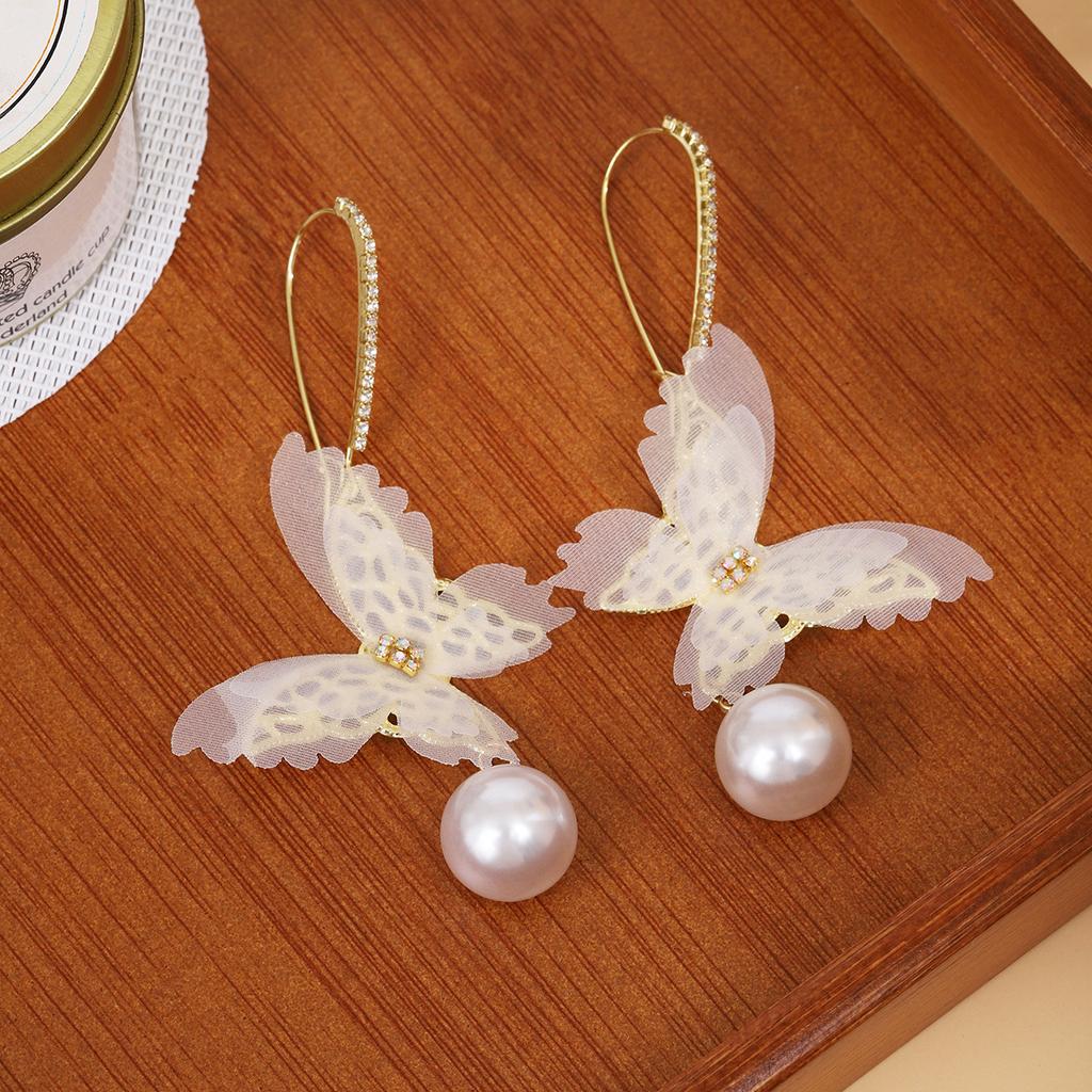 Super Fairy Mori Gentle Fabric Mesh Butterfly Ear Buckle, Simple And High-End Exquisite Diamond-Set Pearl Earrings