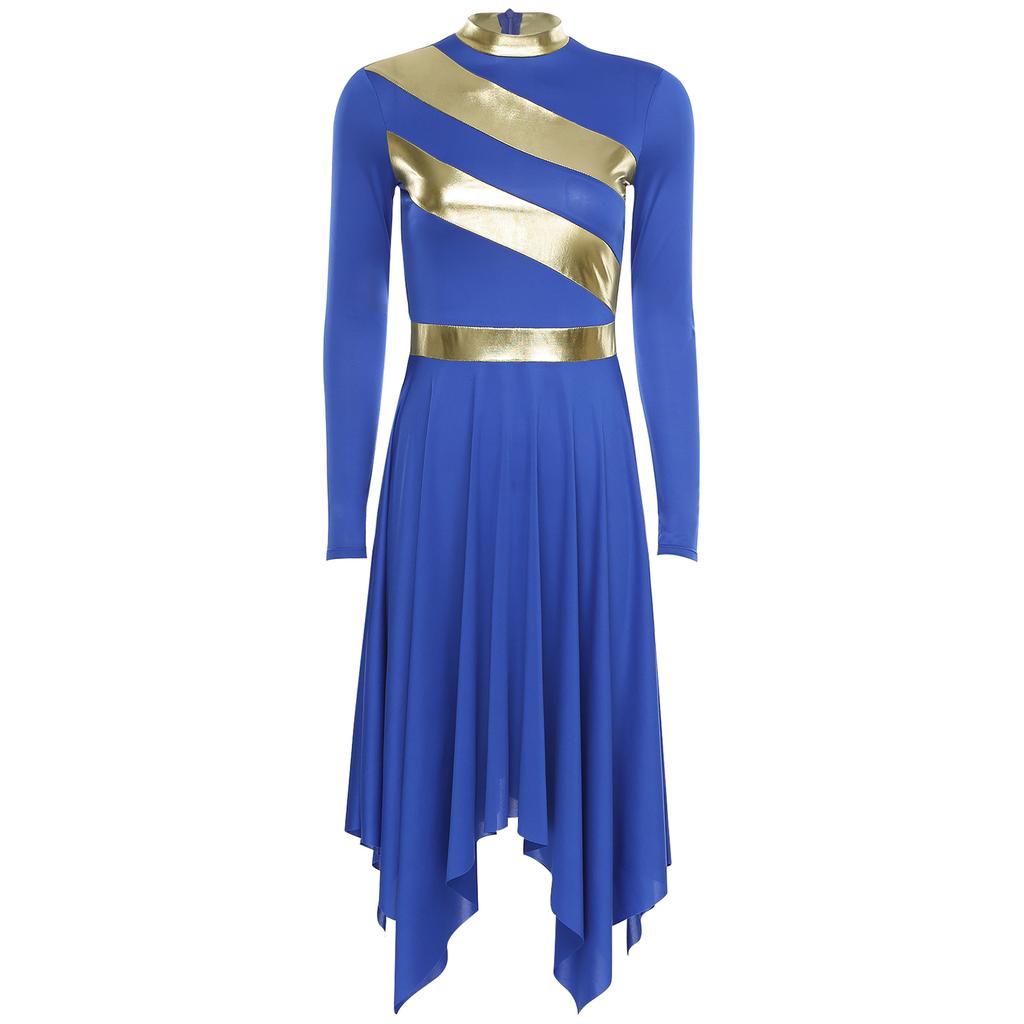 Womens Worship Dance Dress Metallic Patchwork Long Sleeve Irregular Hem Tunic Lyrical Performance Gown