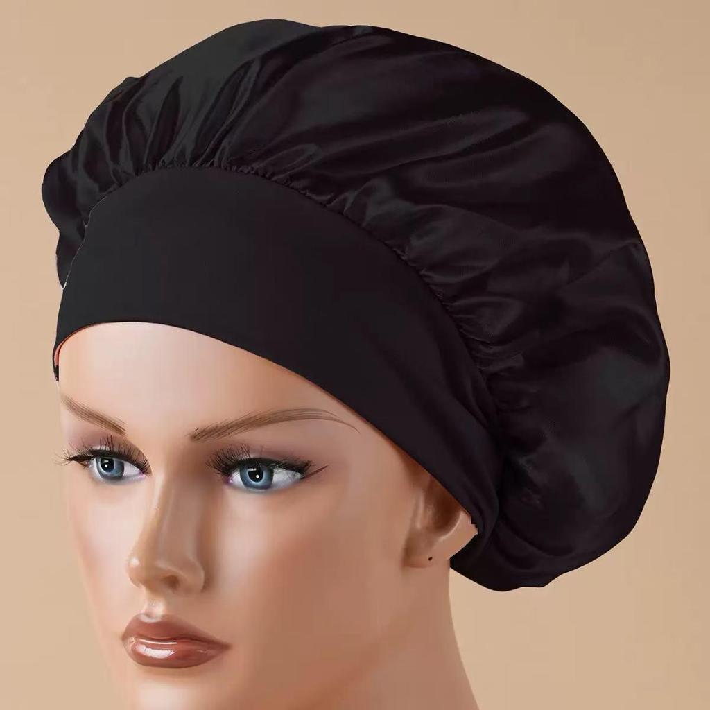 Faux Silk Satin Stretch Sleep & Shower Cap - Narrow Brim Round Cap for Hair Care