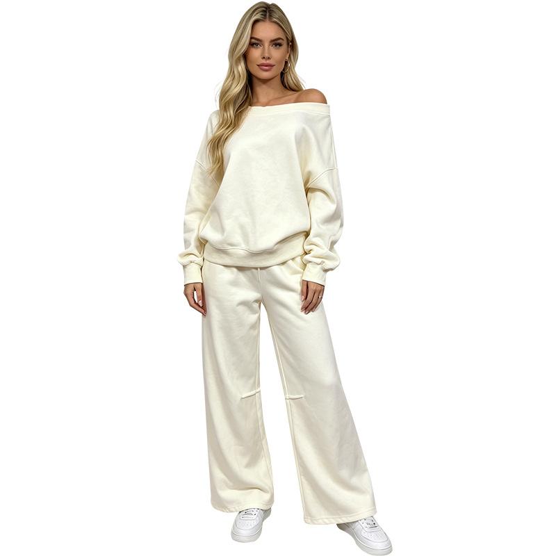 New solid color off-the-shoulder long-sleeved pullover women's sweater fashion casual wide-leg pants set