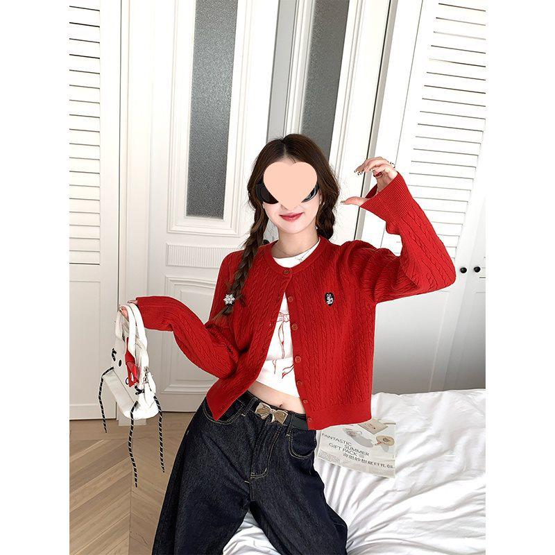 

Кардиган свитер женский Miu-Style с вышивкой и кабельной вязкой, омолаживающий, весна 2025 Small красный