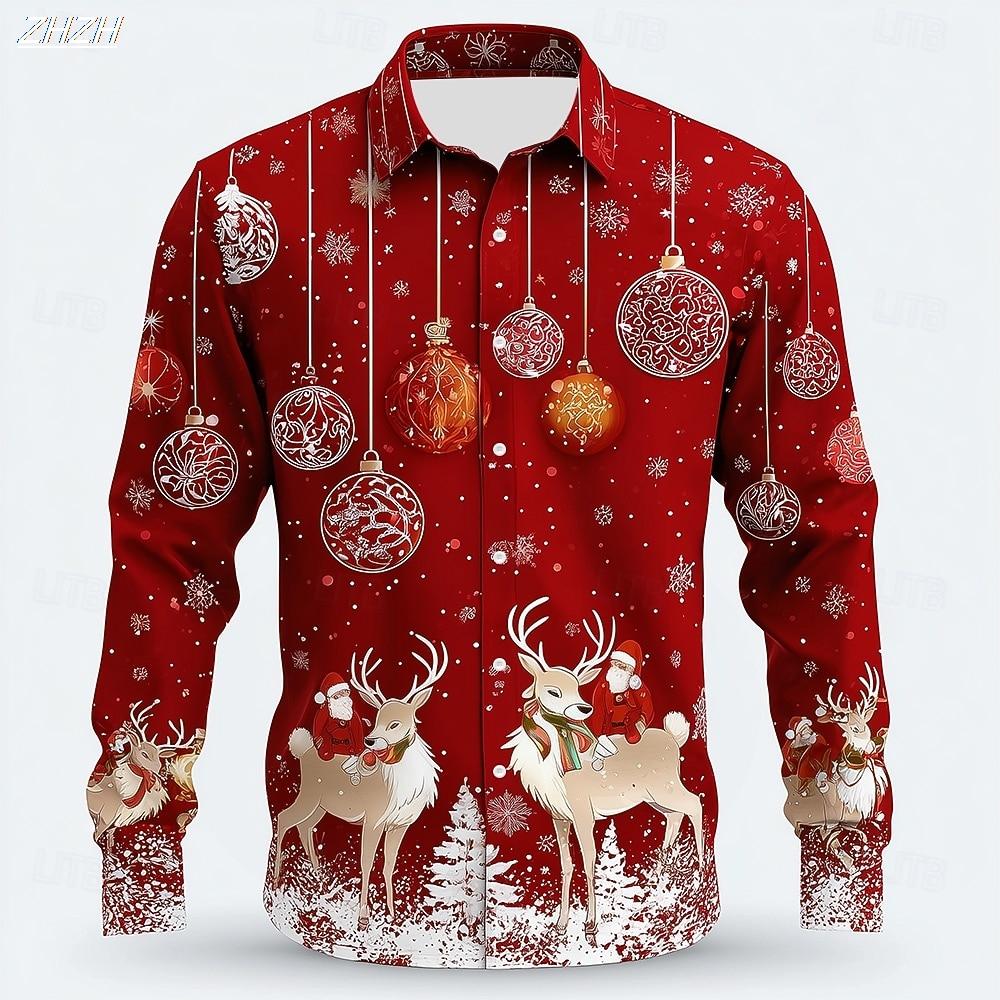 Men's Christmas Santa Reindeer Shirt 3D Print Baubles Design Funny Button Up Collared Holiday Long Sleeve Tops