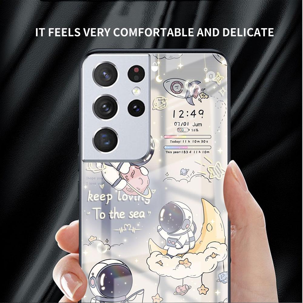 Glass Case For Samsung Galaxy S22 S20 FE S21 5G S10 S9 Plus Note 10 20 Lite Tempered Phone Cover Astronaut Cartoon