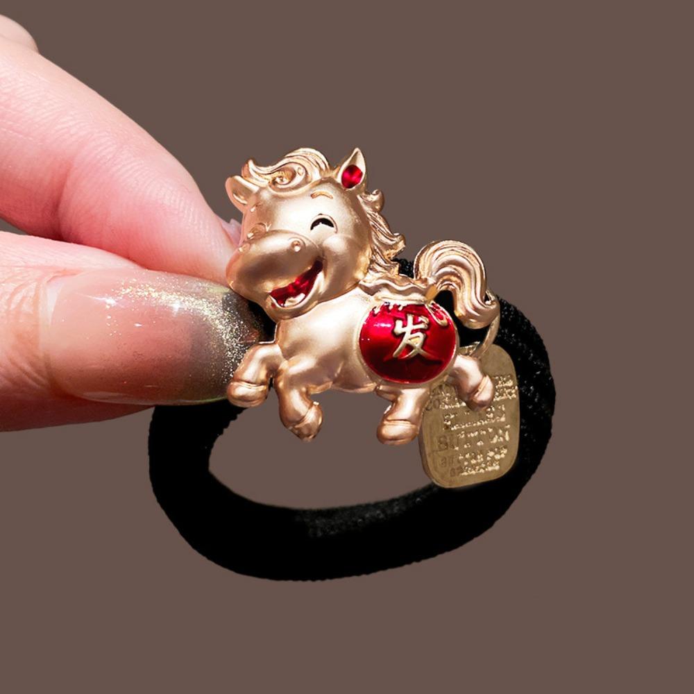 Cute Red Rope New Year Red Hair Rope 2026 Alloy Horse Year Hair Ring Bracelet Chinese Style Horse Year Rubber Band Girls