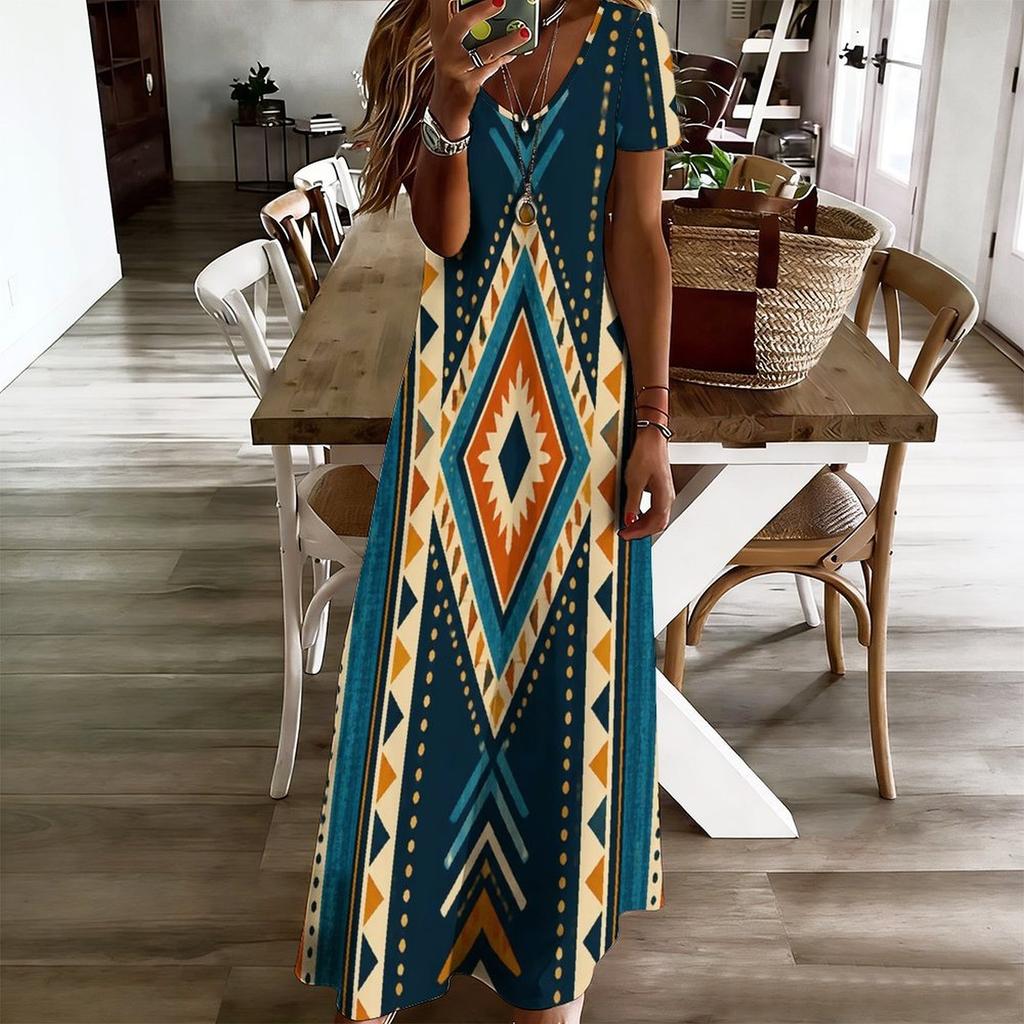 Women Plus Size V Neck Short Sleeve Beige Brown Printed Straight Maxi Dress