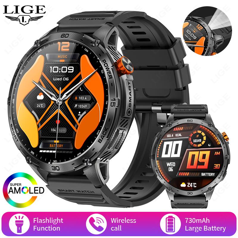 

730mAh Battery Smart Watch With LED Flashlight 1.75 Inch AMOLED Bluetooth Call 3ATM Waterproof Smartwatch 100+ Sports Modes чорний