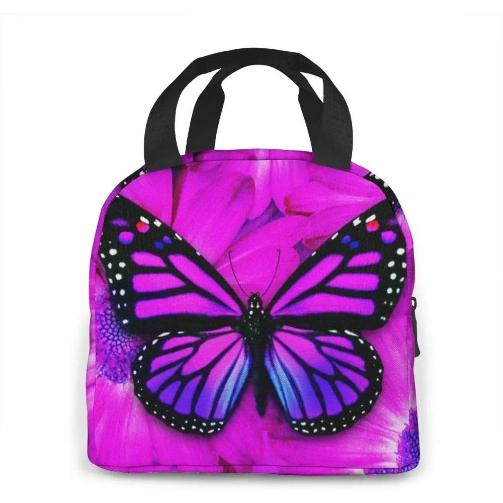 Purple Butterfly Insulated Lunch Bag Leakproof Cooler Lunch Box for Women Reusable Thermal Tote Bag for Work School Picnic Beach