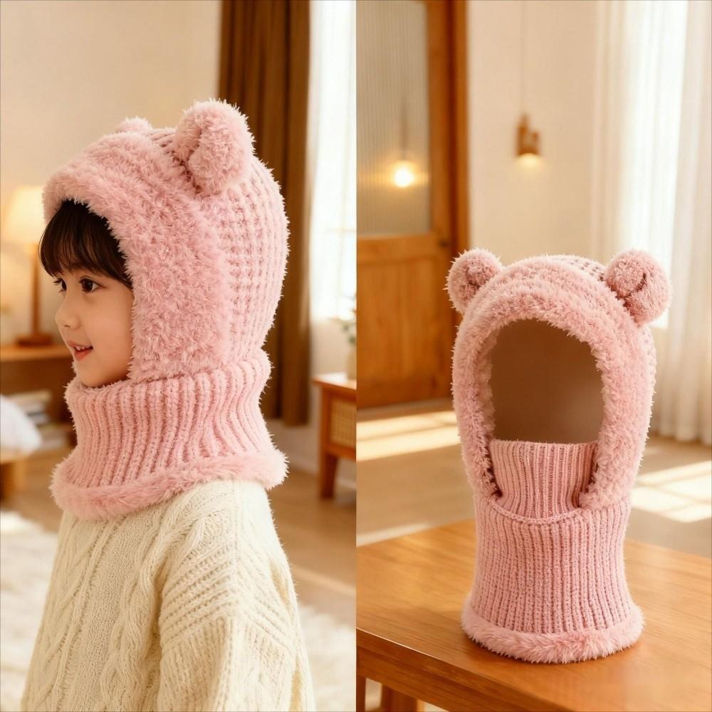Fluffy Bear Ear Knitted Hat Solid Color Scarf Cap Fashion Baby Hooded Hat Toddler