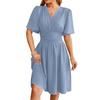 Damen Kurzarm V-Ausschnitt Midi-Kleid mit Taillenfalten und ausgestelltem Rock für Freizeit oder Outfits