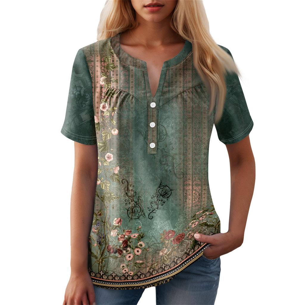 Women's Casual Floral Print V-Neck Short Sleeve Decorative Button T-Shirt Top