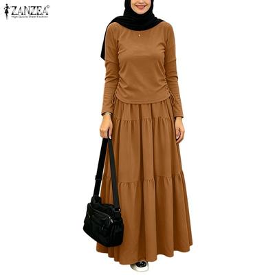 Women Long Sleeve Blouse and Long Skirts Retro Two Piece Suit Sets
