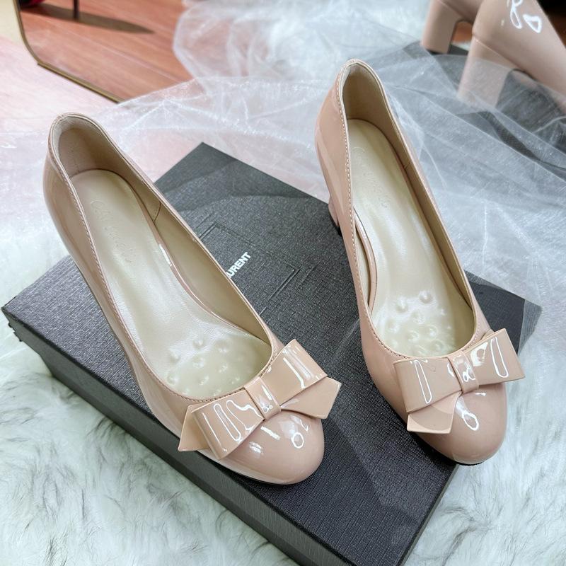 New Spring and Autumn Versatile Bow High Heels Light Mouth Temperament Sweet Single Shoes Middle Heel Shoes