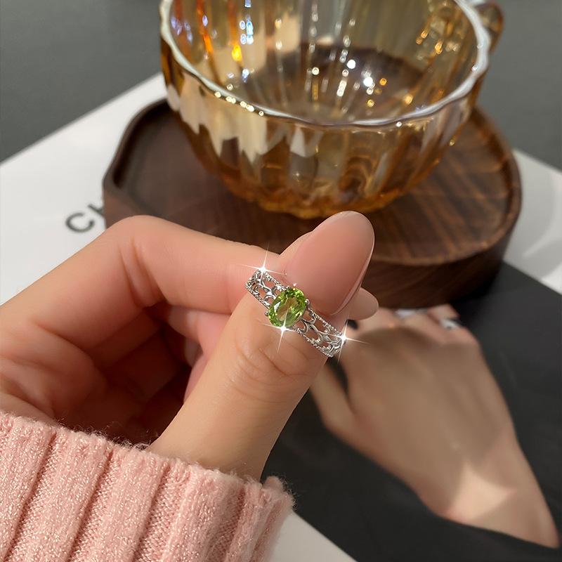 S925 sterling silver adjustable ring women's natural crystal stone jewelry hollow high-end design light luxury ring daily gift