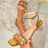 Large Size Crystal Heel Sandals Women's New Square Head Rhinestone Word with Thick Heel Sandals
