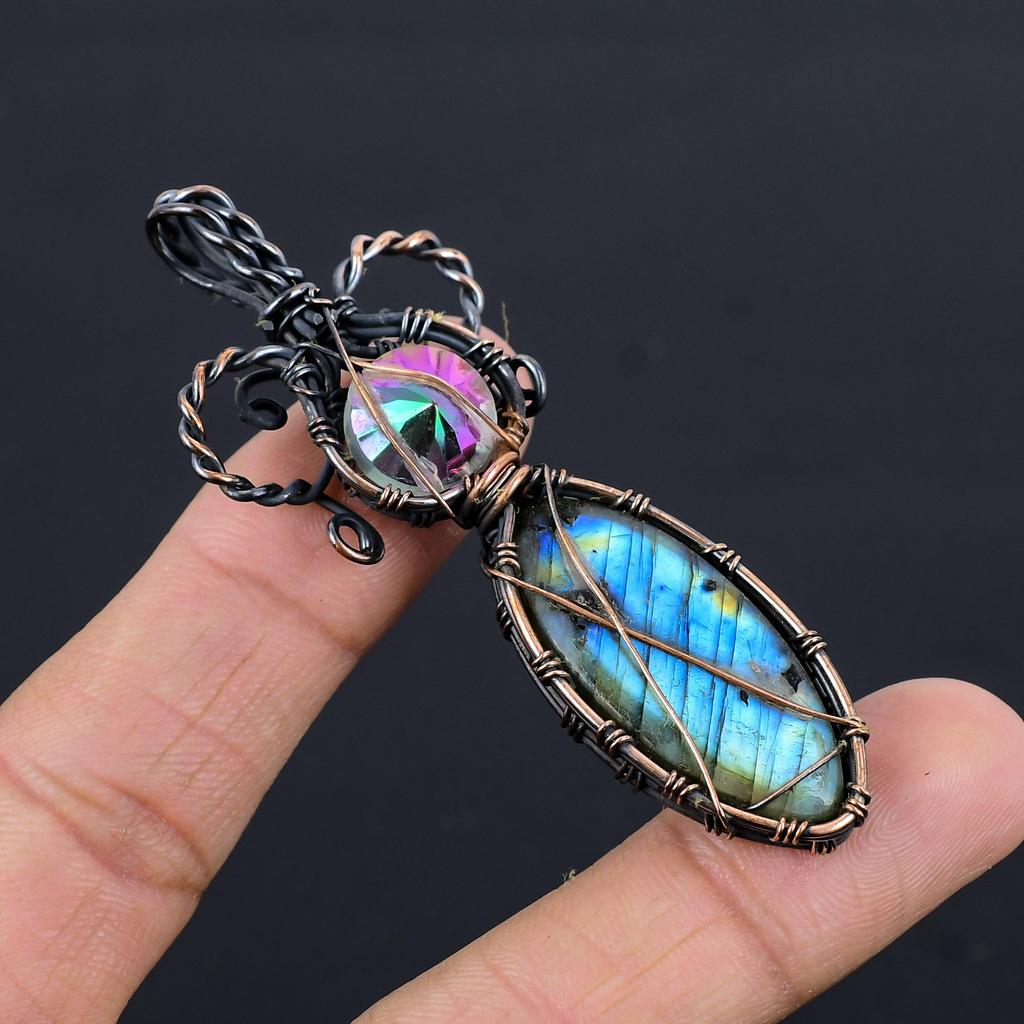 Labradorite & Mystic Topaz Pendant, Handmade Gemstone 999 Copper Wire Wrapped Pendant Antique Jewelry, For Gift Silver Jewelry