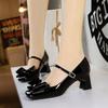 French Banquet Bow Patent Leather Thick Heel Mary Jane Women's Shoes Square Toe Strap Light Mouth Single Shoes For Women New