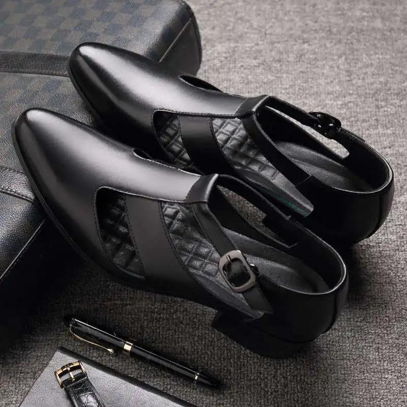 

Мужские сандалии из натуральной кожи на высоком каблуке для повседневного делового офиса, модные сандалии с заостренным носком и пряжкой 37