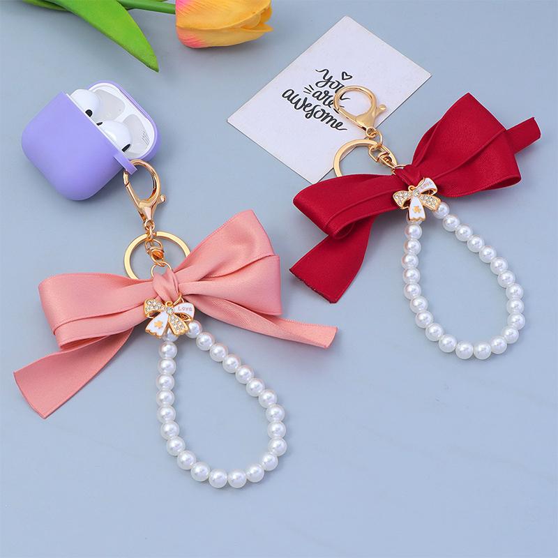 Creative Big Bow Tie Key Chain Pearl Chain Keychain Women'S Bag Pendant Car Keychain Tote Hanging Ornament