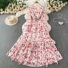 Pastoral romantic wind floral print dress women's spring and autumn horn sleeves waist pendulum elegant ruffle edge long dress