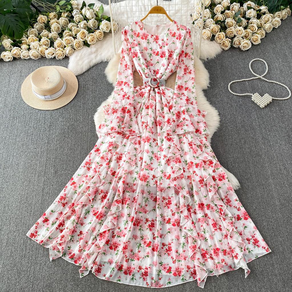 Pastoral romantic wind floral print dress women's spring and autumn horn sleeves waist pendulum elegant ruffle edge long dress