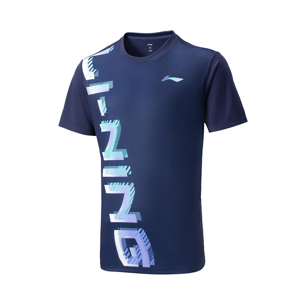 Li Ning Badminton Series Letter Round Neck Breathable Versatile Short Sleeve Badminton Shirt Unisex Tops Deep-Navy AHSV045-5