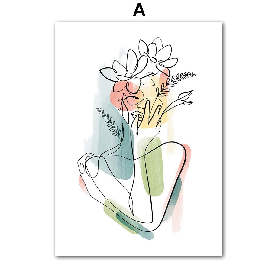 Arte della parete della tela di canapa pittura linea Flower Girl Lover minimalista nordico poster e stampe immagini a parete per soggiorno decorazioni per la casa