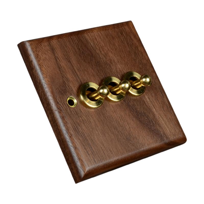 86Mm Wooden Light Switch Panel Black Walnut with Brass Toggle Lever Wall Lamp Switch for Home Lighting Control