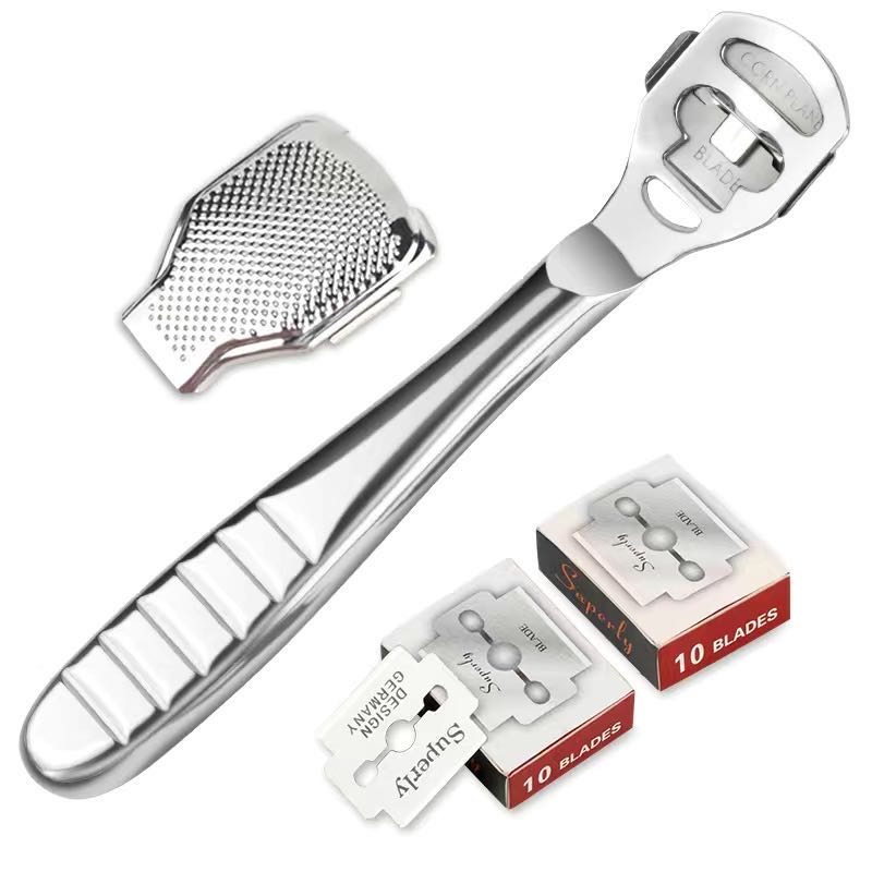 

Бритва для удаления мозолей на ногах, средство для удаления огрубевшей кожи на пятках, бритва для педикюра, бритвенный инструмент с ручкой из нержавеющей стали и 10 лезвиями, инструменты для ухода за ногами