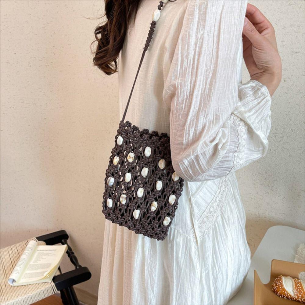 Borsa a tracolla vuota per telefono Borsa intrecciata all'uncinetto fatta a mano di grande capacità Borsa casual leggera con perline per vacanze al mare