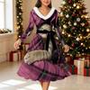 Dames Kerstprint Midi Jurk, Lange Mouwen V‑hals Bontrand A-lijn Feestjurk, Kerst Limited Edition