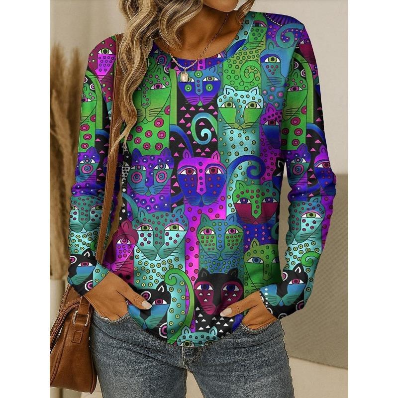 Fashion Women Long Sleeve Tops Casual Graphic Animal LeopardTee Shirt Blouse Crewneck Fall Winter Streetwear Style Y2K Pullover