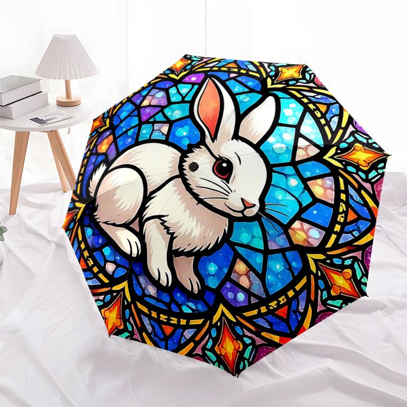 1pc Stained Glass Rabbit Design Automatic Opening/Closing Umbrella - Portable 3-Fold Design, 8-Bone Iron Frame Outdoor Umbrella - Perfect Gift for Fan