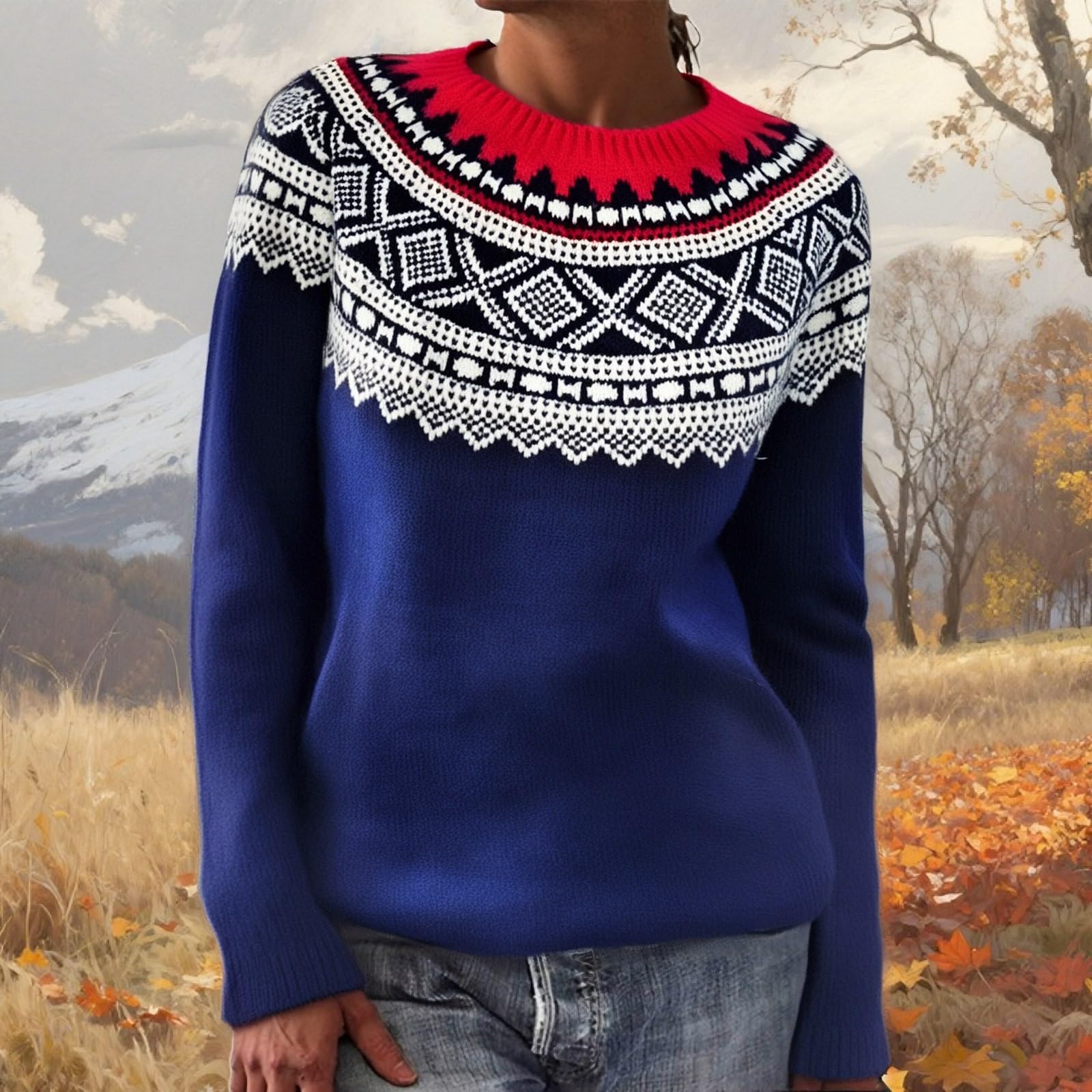 Женский модный свитер круглый вырез свободный пуловер трикотажный свитер с длинными рукавами M тёмно-синий 2750₽