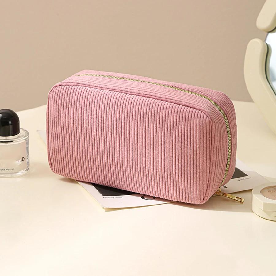 Women Cosmetic Bag Corduroy Solid Color Makeup Pouch Travel Portable Wash Toiletry Storage Bag Organizer Purse 2025 New