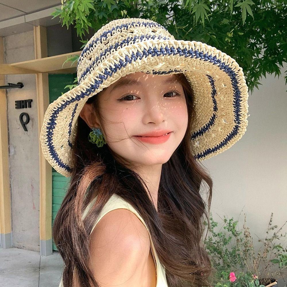 Summer Weave Crochet Hat Beach Fisherman Caps Korean Straw Bucket Cap  Outdoor