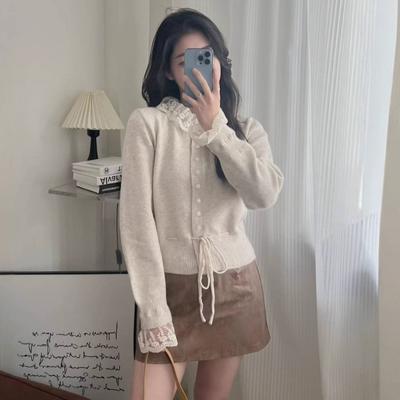 Lace Hook-up Lapel Sweater Jacket Women's Spring and Autumn Lazy High-end Knitted Cardigan Wearing Rope Lace-up Top