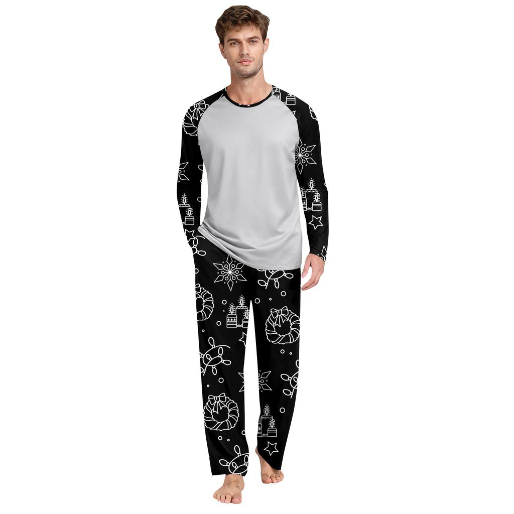 Men's Printed Round Neck Top Casual Comfortable Long-Sleeved Pants Pajama Set