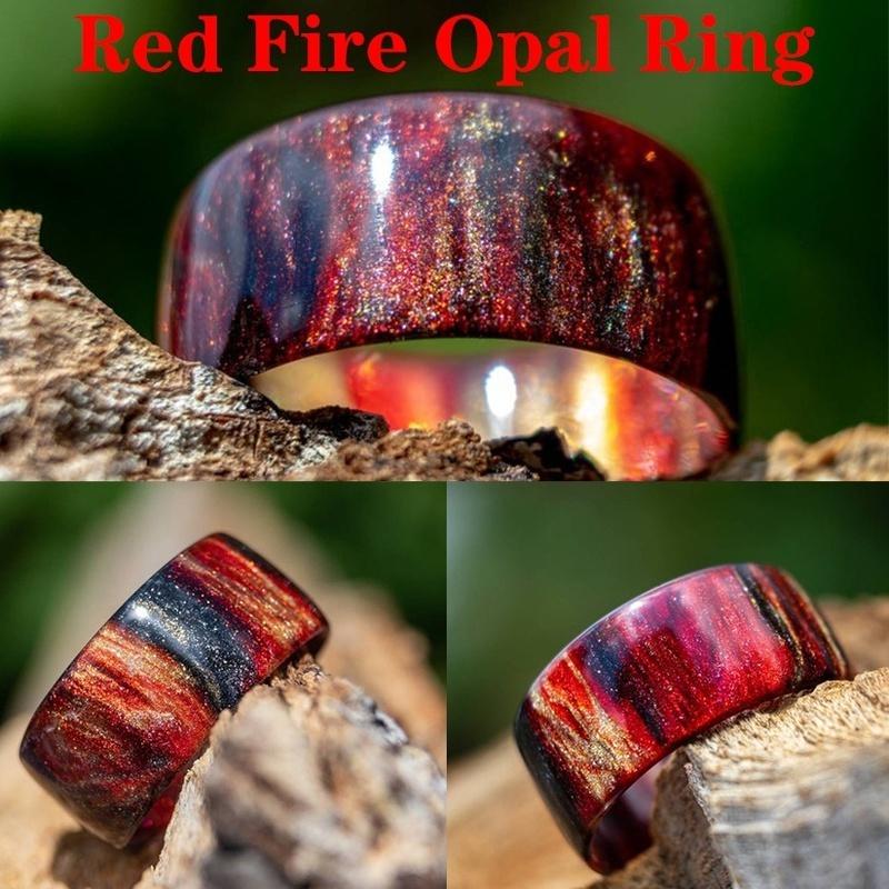 Natural Rainbow Opal Ring Fire Opal Ring Carbon Fiber Lining Iridescent Color Changing Opal Rings for Women Engagement Jewelry Anniversary
