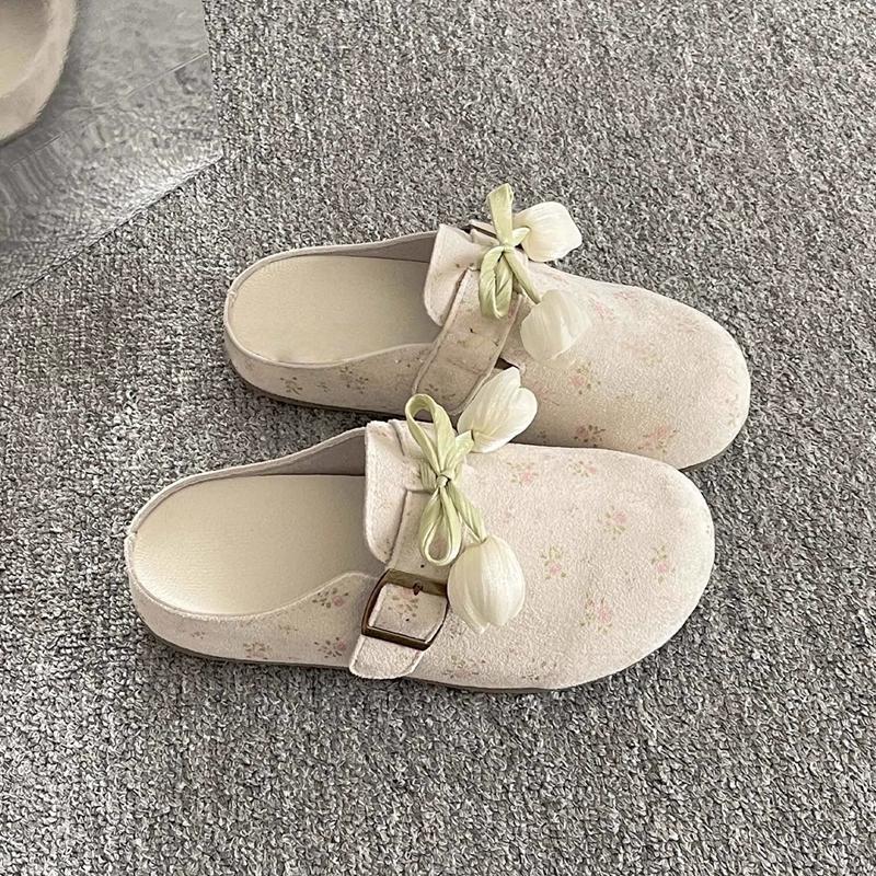 Fashion Sweet Mint Green Close Toe Slides Women Summer 2025 Round Toe Soft Sole Medium Heel Slippers Fashion Soft Sole Outdoor Slippers