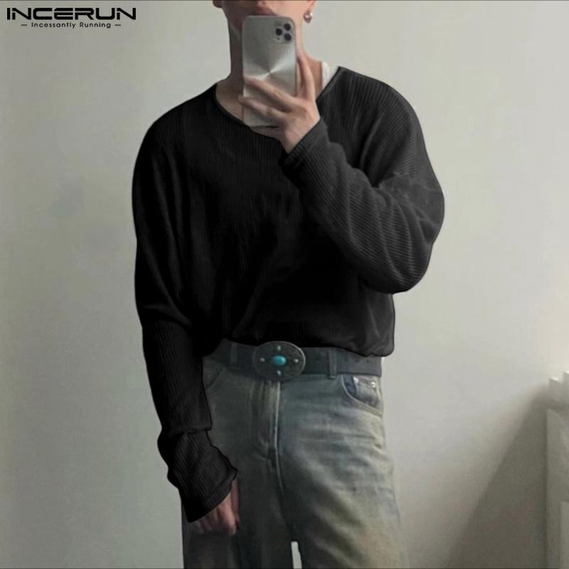 INCERUN Men Scoop Neck Long Sleeve Texture Flimsy Rib Casual Loose T-shirts Tops Undershirts