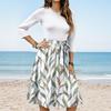 Women's Fashion Casual Waistband Seven Sleeve Round Neck Striped Flowy Dresses