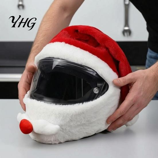 Motorcycle Helmet Decor Christmas Santa Cover, Plush Claus Hat Cycling Decoration for Decoration, Xmas Holiday Accessories Men