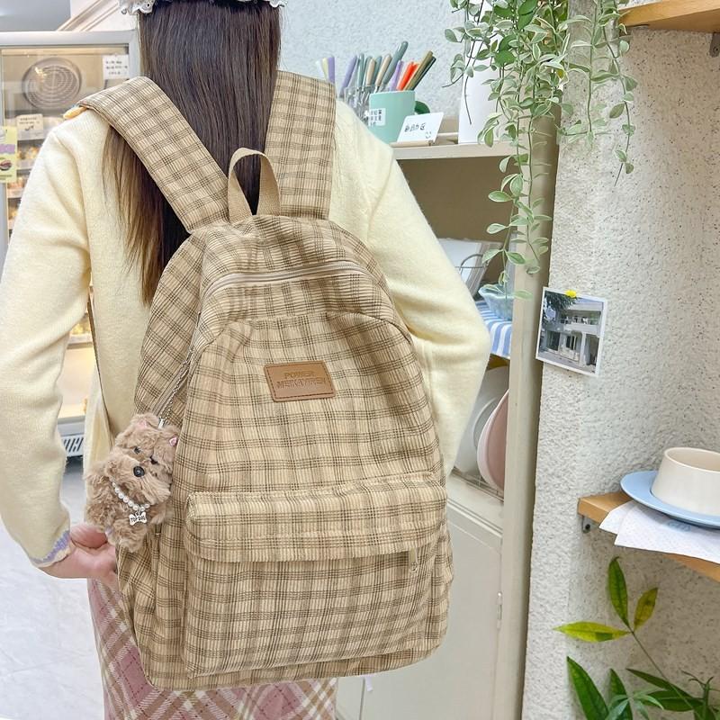 Plaid Pattern Backpack For High School And College Students With Large Capacity And Relief Features