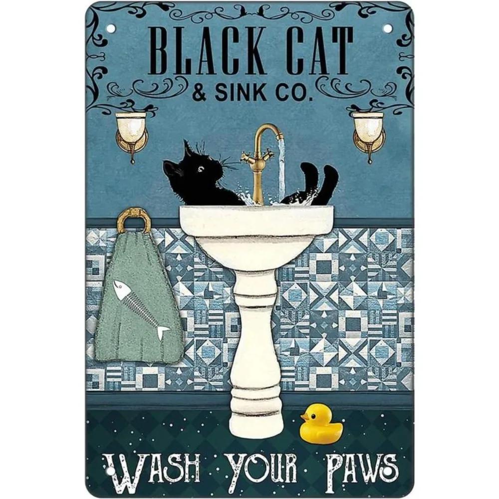

Vintage Retro Bathroom Metal Sign 8x12Inch - Cute Black Cat, Wash Your Paws , Great Decor for Home, Restaurant, Kitchen, Bar 20x30cm（7.8x11.8inch）