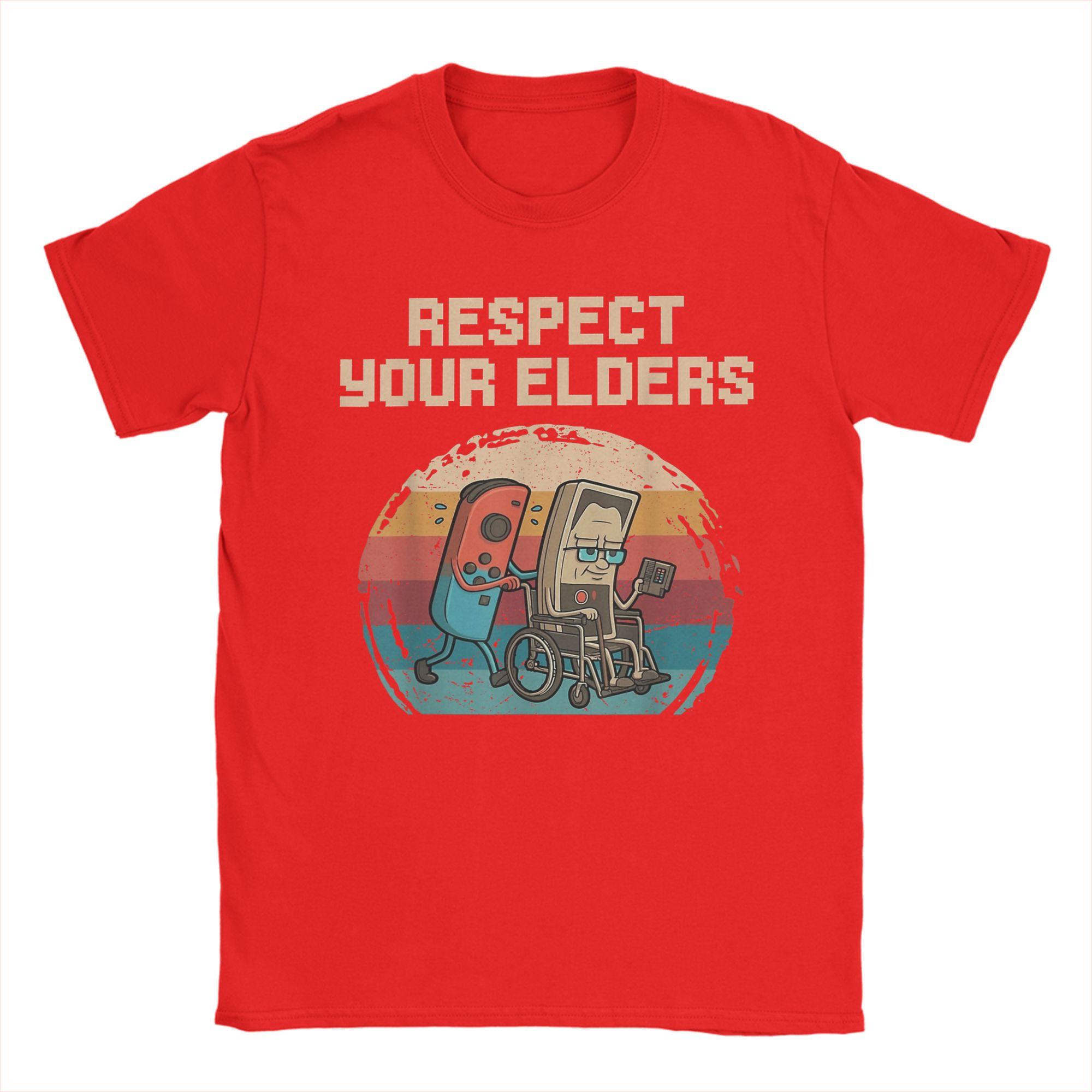 Respect Your Elders Retro Gaming Humor With Controllers T Shirt Summer Harajuku T Shirts Mens 100 Cotton O Neck Oversized Tees S