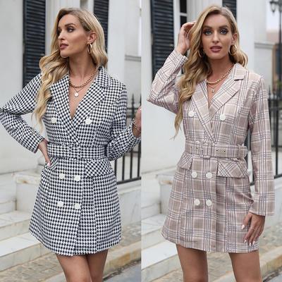 Robe-costume à carreaux style européen et américain avec col rabattu - Mode femme Automne/Hiver.