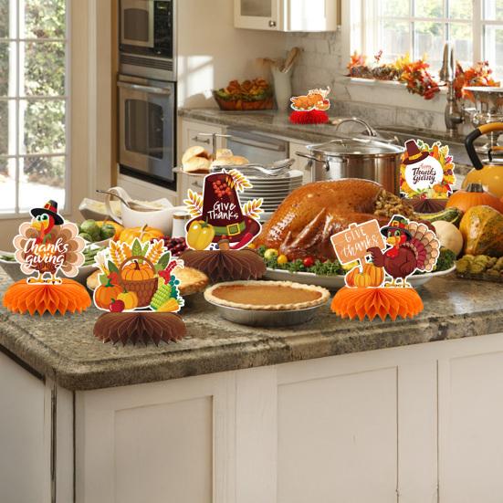 9 Pcs Fall Honeycomb Centerpieces Thanksgiving Paper Pumpkin Maple Leaf Turkey 3D Honeycomb Table Decoration for Autumn Harvest Party Favors