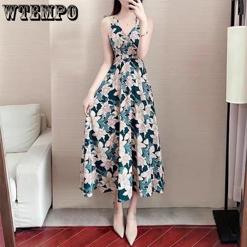WTEMPO Summer Women's Large Size Dress Slim and Thin Floral Dress Waist-skimming Temperament Beach Dress Loose Print Floral Dress