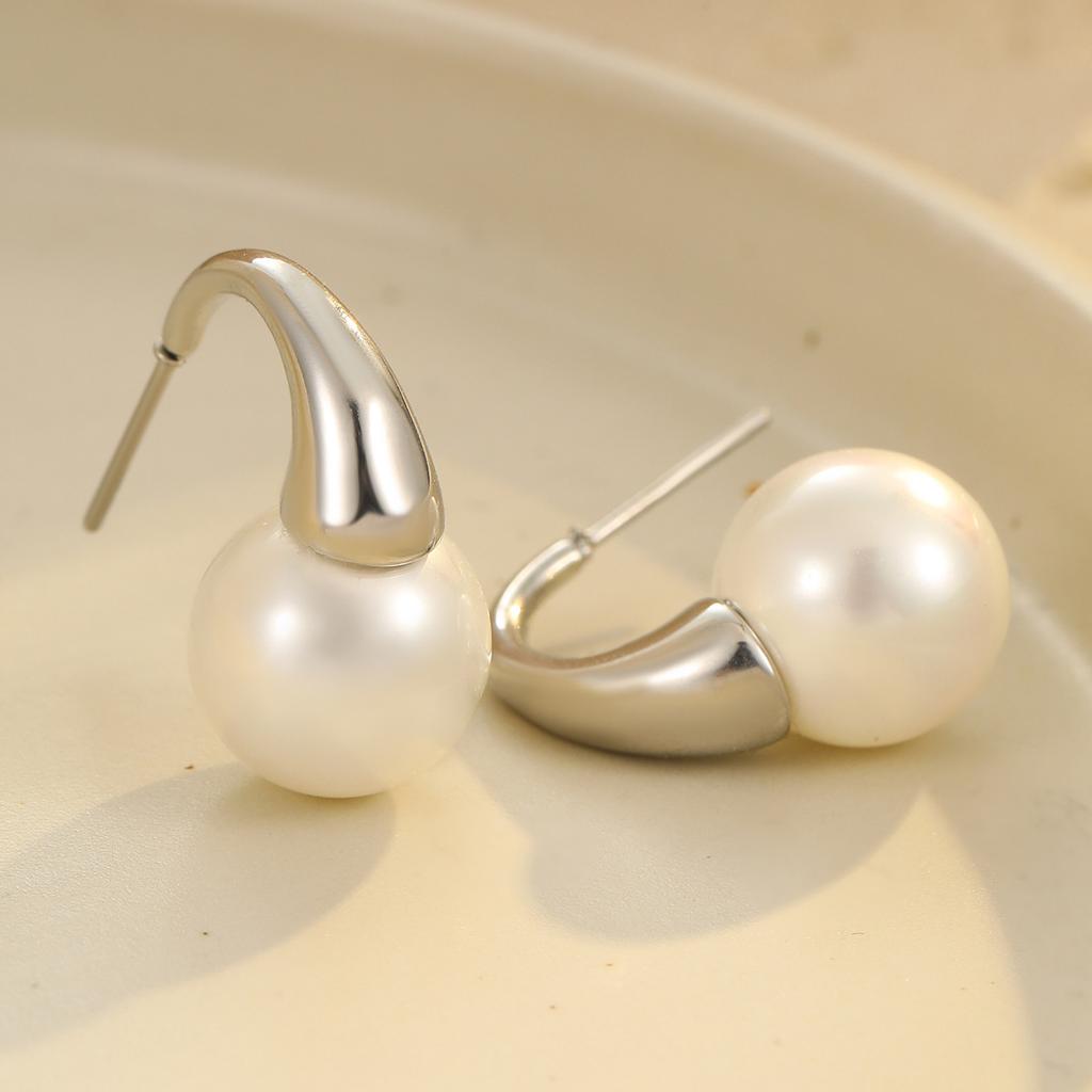 GEMCHIC Women's Elegant Faux Pearl Drop Earrings Stainless Steel Gold Silver Plated Hoop Dangle Jewelry for Wedding Party