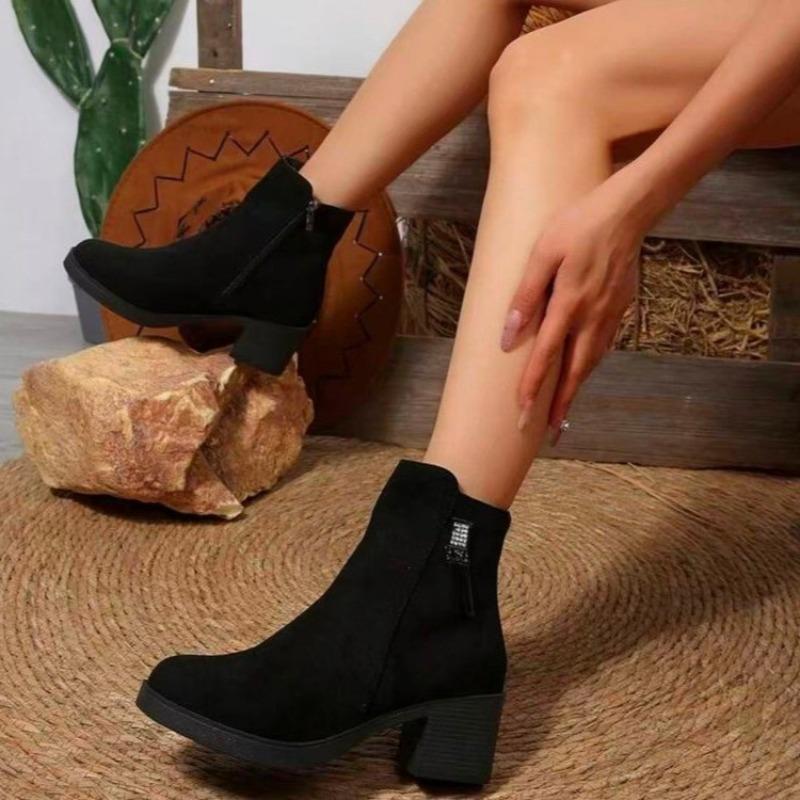 New Cow Suede Booties Fashion Round Toe Side Zipper Rhinestone Buckle Soft Sole Non-slip Wear-resistant Block Heel Shoes